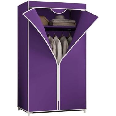 Imagem de HLMSRXJ Guarda-roupa de lona, ​​prateleiras de guarda-roupa portáteis com trilho suspenso, prateleiras, capa de tecido, organizador de armazenamento de armário de roupas, roxo, 155x70x45