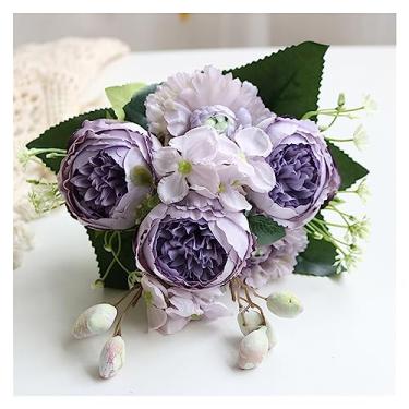 Imagem de Vaso de flores artificiais de seda branca, buquê de flores artificiais, decoração de casa, vaso de arranjos de flores de peônia falsa (B)