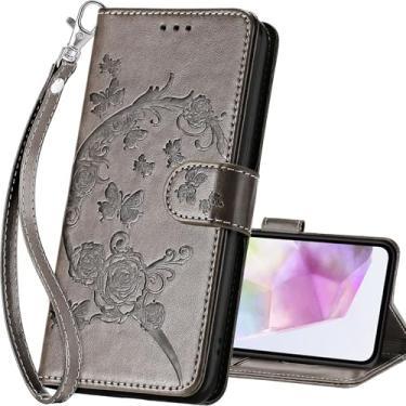 Imagem de SASYMALY Capa carteira para Samsung Galaxy A56 5G, capa flip com suporte para mulheres e homens, capa de telefone de couro PU adequada para Samsung Galaxy A56 5G [flor cinza]