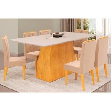 Imagem de Cozinha Completa Dulce Tampo Madeirado Com Vidro Reto 180x90cm E 6 Cadeiras Lia Cedro Off White Suede Kraft