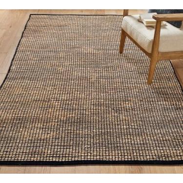 Imagem de Chardin home Tapete de área de algodão de juta 12 x 17 cm | Tapete de fazenda boho trançado em juta natural/preto | Revestimento rústico vintage para sala de estar, quarto, cozinha e entrada