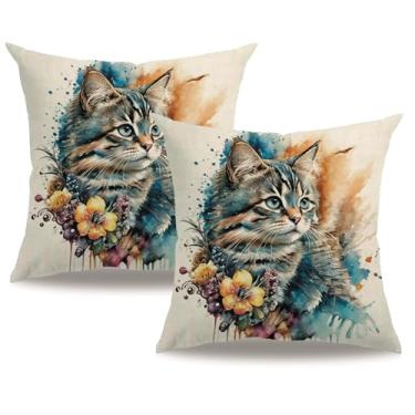 Imagem de 7COLORROOM Capas de almofada aquarela animais 45,7 x 45,7 cm pintura gato flor estampa casa de fazenda primavera verão pacote com 2 fronhas quadradas para sofá de pátio (cinza)