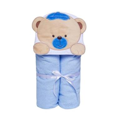 Imagem de Toalha de Banho Felpuda com Capuz NO2PROBLEMS 100% Algodão para Bebê Macia com Bichinhos (Urso Azul)