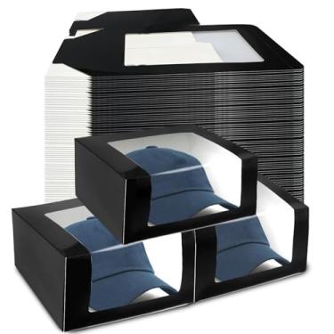 Imagem de TANEMUDO 55 caixas de presente pretas para bonés de beisebol 19,8 cm x 19,8 cm x 11,9 cm chapéu de papel com janela transparente organizador estojo suporte dobrável caixa de exibição de armazenamento