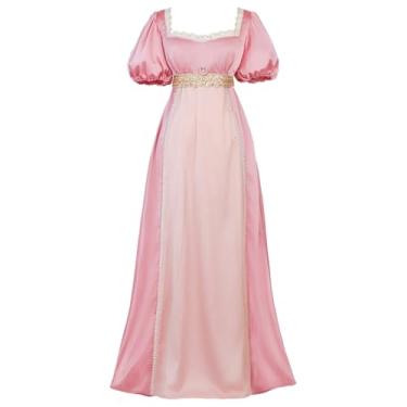 Imagem de Vibsion Vestidos Regency para mulheres, pérolas, renda, cintura império, vestido vitoriano, festa de chá da década de 1820, vestido de baile rosa GG