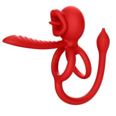 Imagem de Anel Peniano Duplo Lip Ring Com Língua Estimuladora E Plug Anal 9 Vibrações Prazer Mútuo [VERMELHO]