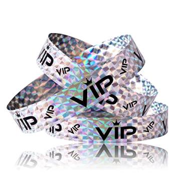 Imagem de 500 pulseiras VIP, pulseiras VIP, pulseiras de papel para festa, pulseiras de papel, braçadeiras VIP para eventos, entrada, festa VIP, festivais de música, concertos (prata holográfica)