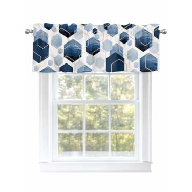 Imagem de Cortinas abstratas para janelas com bolso de varão geométrico, hexágono, azul, dourado, pequeno, lavável, para cozinha, sala de estar, quarto, banheiro, 106 x 30 cm, 1 painel, cortinas curtas