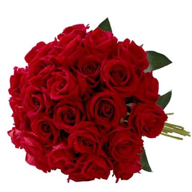 Imagem de Fanfantoey Flores artificiais de rosas vermelhas, 12 peças de rosas falsas com hastes, buquê de rosas de seda faça você mesmo, rosas artificiais falsas realistas para decoração de casamento no dia dos