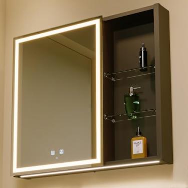Imagem de KWW Armário de remédios para banheiro iluminado por LED com soquetes e USBs, desembaçador, regulável, espelho de maquiagem com luz de 3 cores, fácil de instalar, armário montado na parede (29,5 x 28)