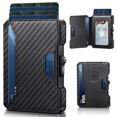Imagem de Airzoo Carteira masculina fina com bloqueio de RFID com clipe para dinheiro, capa minimalista para cartão pop-up, janela para identidade, capacidade para 9 a 11 cartões, carteira de couro dobrável com