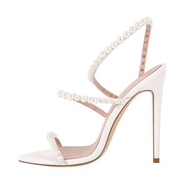 Imagem de Vecipatcare Sandálias femininas elegantes de salto alto com bico fino e salto fino com tiras de salto alto, Branco, 36