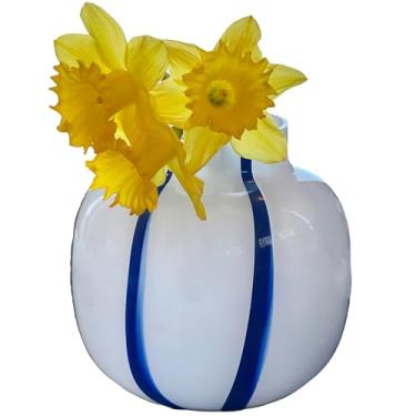 Imagem de Vaso redondo azul e branco costeiro, formato de romã, listras, vidro, 18 cm, estilo murano