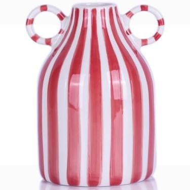 Imagem de Vaso de cerâmica vermelho e branco com alça, pequenos vasos nórdicos boho mesa lateral de flores peça central, vaso de flor única de boca larga decorativo de grama dos pampas - para peitoril da janela