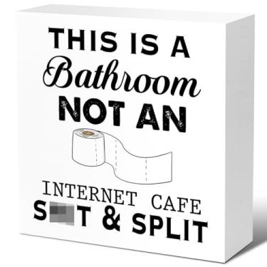 Imagem de Sinais engraçados de bloco de madeira para banheiro, ele é um banheiro, não é um internet café, sinal de caixa de madeira humorístico para prateleira de banheiro decoração de mesa, decoração rústica de sinal de banheiro V709