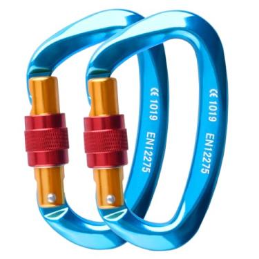 Imagem de Azarxis 25KN Anel D de Alumínio, Clipe de Escalada Classificado 511 LBS, Conjunto de Mosquetão de Parafuso Grande e Durável com Gancho de Pedra Forte para Acampamento ao Ar Livre, Blue - 2 Pack
