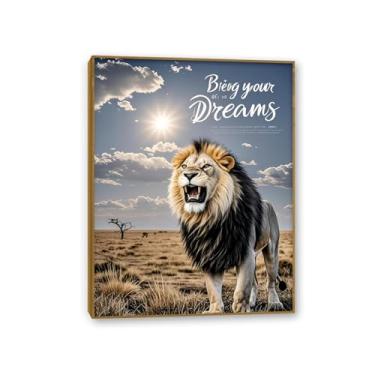 Imagem de Arte de parede de escritório inspiradora leão feroz na savana africana ensolarada impressão em tela pôsteres inspiradores de animais citações motivacionais imagens para decoração de parede de quarto