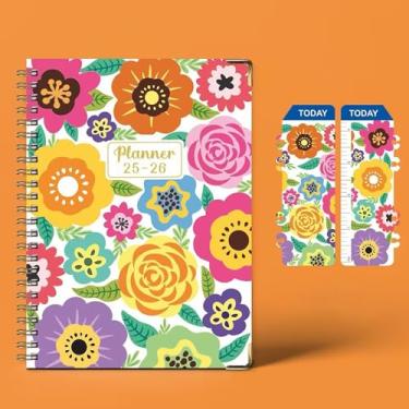 Imagem de Julho de 2025 a junho de 2026, caderno espiral, calendário diário A5 tamanho 15 x 21 cm, capa de flores de laranja, mensal, semanal, livro de agendas, 142 páginas, agenda escolar e escritório, com