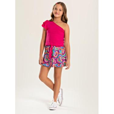 Imagem de Conjunto Verão Menina Pink Cropped um Ombro e Shorts Saia com Faixa - 