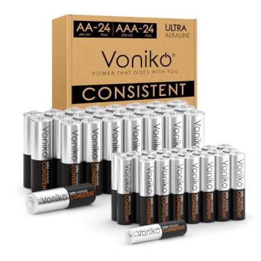 Imagem de Voniko Pilhas AA e AAA, pacote combo de 48 unidades, 24 pilhas duplas A e 24 pilhas triplas A, pilha alcalina premium de 1,5 V, vida útil de 10 anos