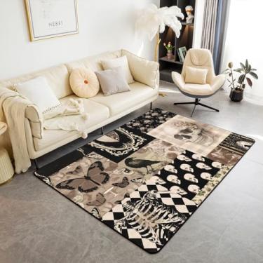 Imagem de Castle Fairy Tapete de área de esqueleto boho, tapetes decorativos com padrão de traça de corvo gótico, tapete decorativo de patchwork preto marrom para decoração de quarto, tapete de entrada de