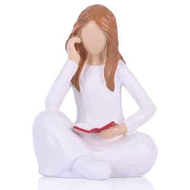 Imagem de Estátua de mulher pensadora de leitura – Presente para amantes de livros para mulheres para graduados, leitores, professores, decoração de prateleira de livros, estatuetas de mesa abstratas para mesa