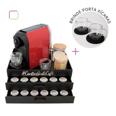 Imagem de Bandeja Cantinho Café 3 Corações com 2 Gavetas Porta Cápsulas Preta Po