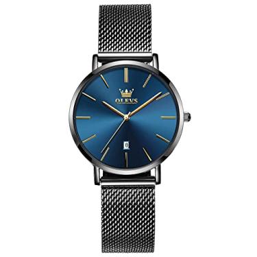 Imagem de OLEVS Relógio feminino, relógio feminino casual de negócios ultrafino de 6,5 mm, relógio feminino de quartzo japonês com pulseira de malha de data, à prova d'água (mostrador branco/azul/preto), Malha preta com mostrador azul, Round, minimalista