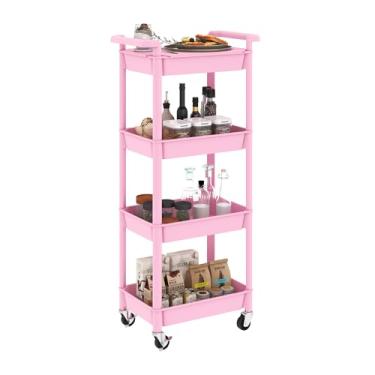 Imagem de STEEHOOM Carrinho utilitário com organizador de carrinho de rodinhas de 4 camadas com rodas para escritório, sala de estar, cozinha, sala de artesanato, rosa