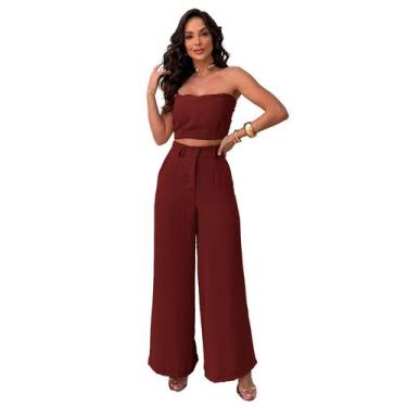 Imagem de Conjunto Calça Pantalona Cintura Alta e Cropped em Duna - Nifty, Vinho