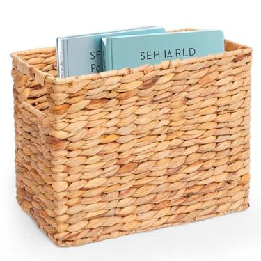 Imagem de Cesta com suporte de revistas – Cesta de revistas de vime, porta-revistas tecidas à mão para banheiro, cesta de armazenamento de revistas domésticas, organizador de revistas de jacinto de água para