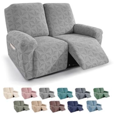 Imagem de YEMYHOM Capa de sofá reclinável, capa de sofá elástica de 4 peças para sofá reclinável duplo de 2 lugares, protetor de móveis jacquard geométrico macio com faixas elásticas, cinza claro