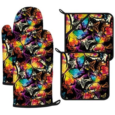 Imagem de Conjunto de luvas de forno e suportes de panela de borboleta colorida, 4 peças, luvas de forno extralongas para cozinha, cozinhar, assar, churrasco, 100% algodão, resistente ao calor