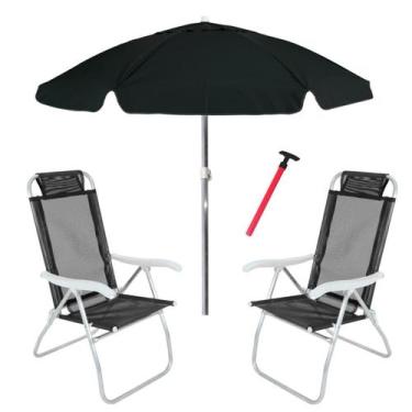Imagem de Kit Praia 2 Cadeira Prosa Preta Guarda Sol 2m Bagum Preto Saca Areia P