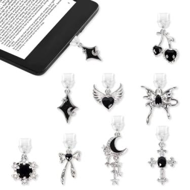 Imagem de Aposwow Berloque de plugue de poeira Y2k preto - 8 peças preto lua estrela borboleta plugue de poeira tipo C com Kindle e telefone USB C pingente de porta de carregamento para Kindle acessórios para