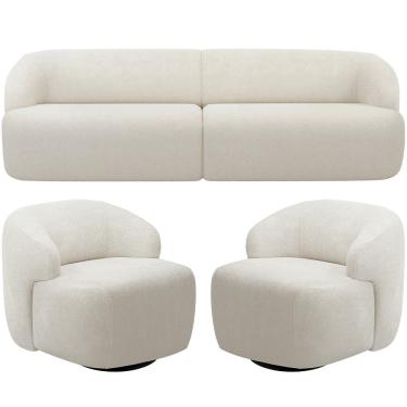 Imagem de Sofá 3 Lugares Curvo Orgânico com 02 Poltronas Para Sala Living 220cm Barolo L06 Bouclê Off White - Lyam Decor