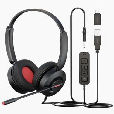 Imagem de MAIRDI Fone de ouvido para PC com microfone, USB-A/tipo C/3,5 mm, fone de ouvido USB 3 em 1 com fio com microfone com cancelamento de ruído e mudo, fone de ouvido de computador para laptop, casa