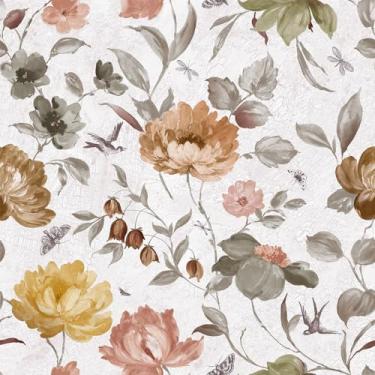 Imagem de VEELIKE Papel de parede floral vintage peônias peônias boho casa de fazenda flor papel de parede para quarto banheiro 17,7 x 354 polegadas papel de parede autoadesivo papel de parede floral para
