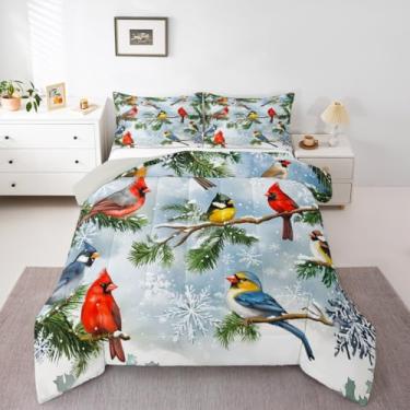 Imagem de jejeloiu Conjunto de cama de Natal macio para meninos e meninas, conjunto de edredom de pássaros de inverno, tamanho casal, edredom de microfibra, pinheiro, 3 peças com 2 fronhas