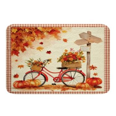 Imagem de Decorações de outono para casa, tapete de área de tema de colheita de outono folha de bordo decoração de abóbora tapetes de banho para mulheres meninos, búfalo bicicleta xadrez bicicleta tapete de banho tapetes rústicos casa de fazenda 16" x 24"