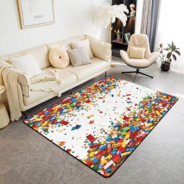 Imagem de Tapete 3D, blocos de montar, tapete de área de 7,5 x 12,5 cm, tapetes de construção para sala de estar, tapete lavável colorido, tapete de tijolos de arco-íris gradiente para uso interno, tapetes