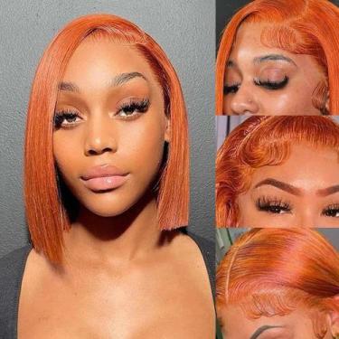 Imagem de Peruca amzhair Ginger Orange Bob 40 cm de cabelo humano com renda fron