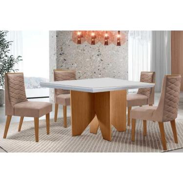 Imagem de Conjunto Sala de Jantar Nevada c/ Tampo Madeirado c/ Vidro Canto Curvo 90x90cm e 4 Cadeiras Dafne Madeira Maciça Naturale/Off White - Capuccino/Linho 