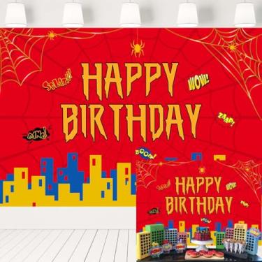 Imagem de Aranha Feliz Aniversário Fundo Vermelho e Dourado Foto Fundo Desenhos Animados Super-herói Cidade Construção Banner Meninos Decorações de Festa Adereços 2,1 x 1,5 m 10