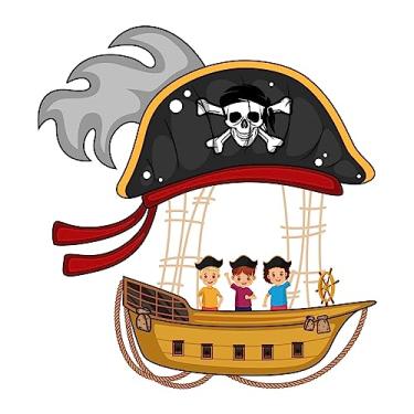 Imagem de Decalque de parede bonito balão de ar quente crianças fofas felizes em navio pirata balão de ar quente Tamanho: 36 polegadas x 40 polegadas