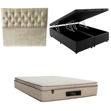Imagem de Cama Box Baú Bipartida Blindada com Colchão Cloud Molas Ensacadas C/Pillowtop 32cm + Cabeceira Botonê (CORINO PRETO, King)
