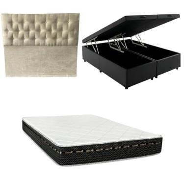 Imagem de Cama Box Baú Bipartida Blindada + Colchão Eagle Molas Bonnel 22cm | Kit Completo com Cabeceira Botonê Opcional | Diversas Cores (3, CORINO PRETO, COM CABECEIRA)