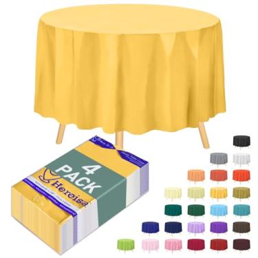 Imagem de Hereisa Toalha de mesa de plástico descartável amarela redonda 213 cm - pacote com 4 capas de mesa à prova d'água para jantar, casamento, eventos ao ar livre