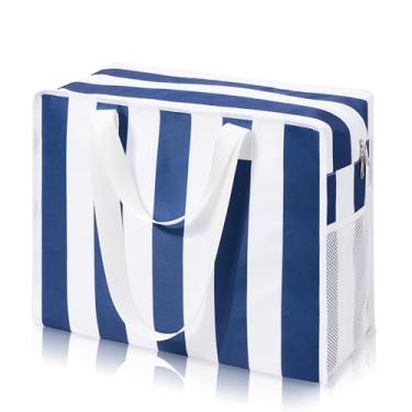 Imagem de DIXEIGHT Bolsa utilitária de praia impermeável à prova de areia feminina 38L grande bolsa de ombro de viagem bolsa de piscina com zíper dobrável almofada inferior, Listras brancas azuis, X-Large
