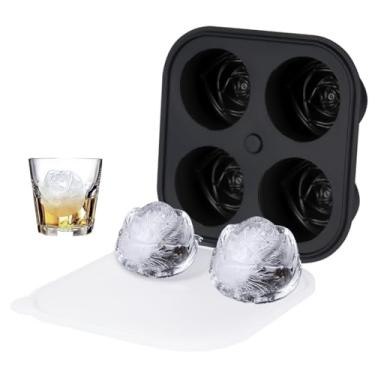 Imagem de Forma de silicone para cubos de gelo em forma de rosa com 4 grades e tampa, bandeja de gelo de 6,5 cm, molde de rosa, cubos de gelo feitos à mão, bandeja de bebidas para bebidas geladas, geleia